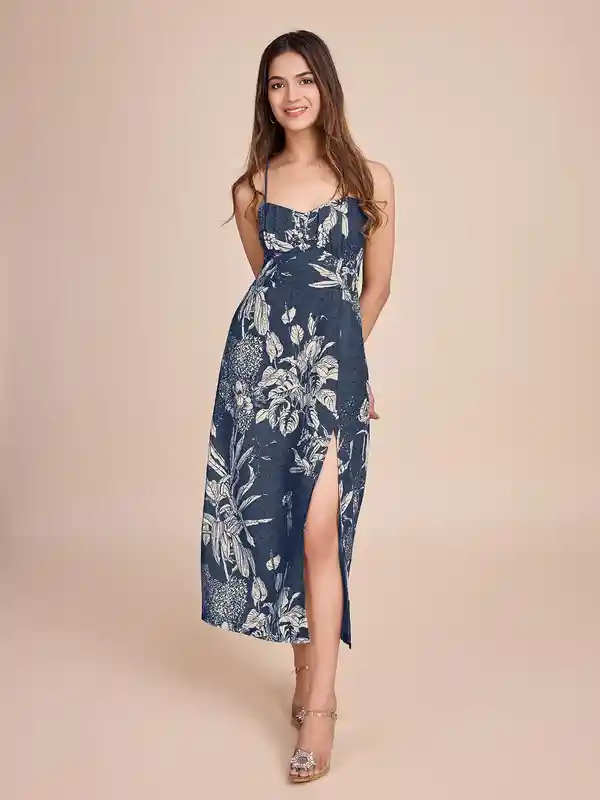 Women Floral Printed Cotton Empire Midi Dress