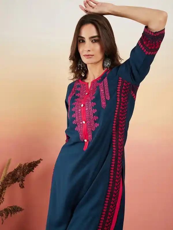 Navy Blue Ethnic Motifs Embroidered Thread Work Straight Kurta