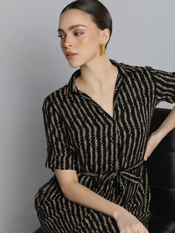 Black & Beige A-Line Striped Midi Dress