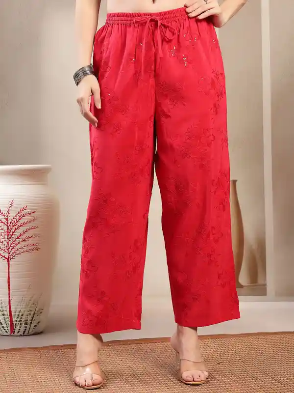 Women Floral Embroidered Cotton Palazzos